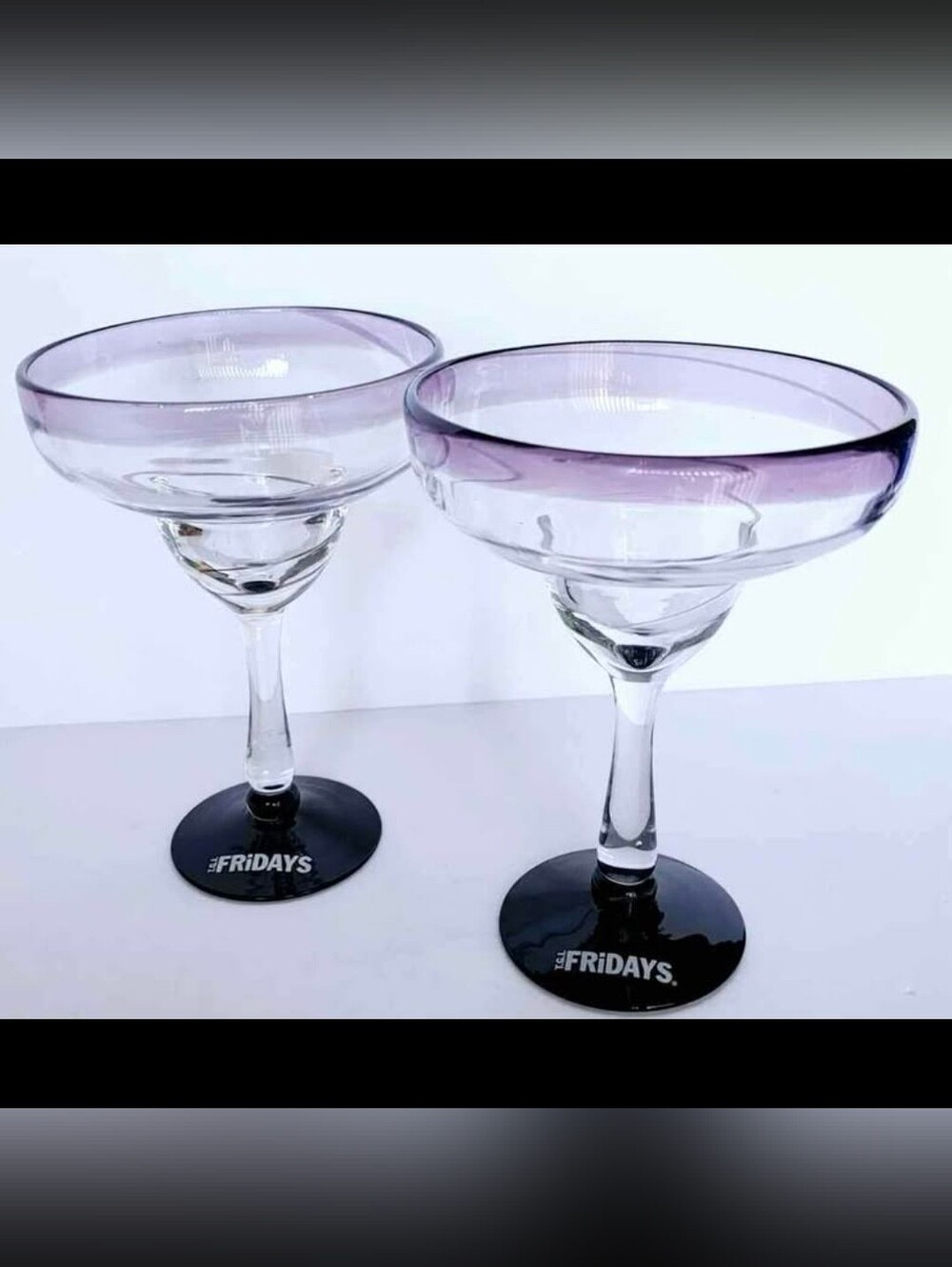 Two Hand Blown Margarita Glass Large TGI Fridays Purple rim